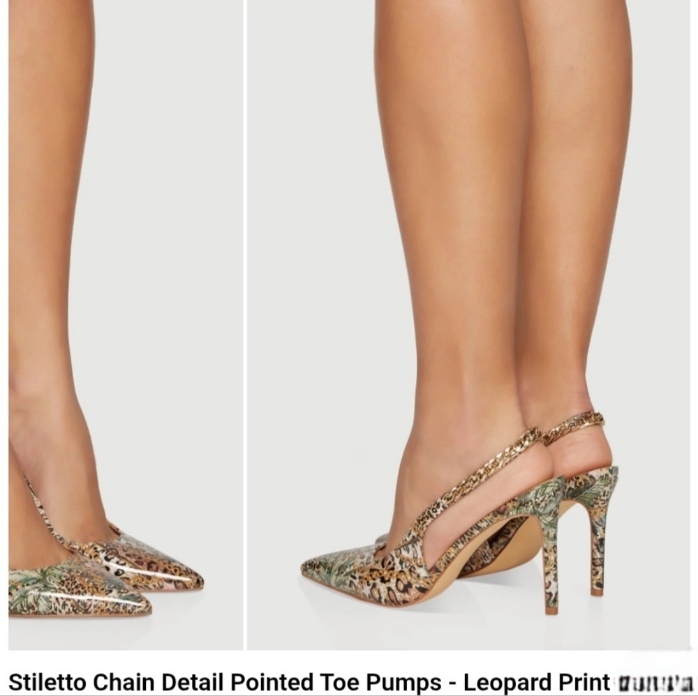 NWT LEOPARD PRINT POINTED TOE STILLETTO HEEL PUMPS CHAIN DETAIL: SIZE 8.5! - Picture 7 of 16